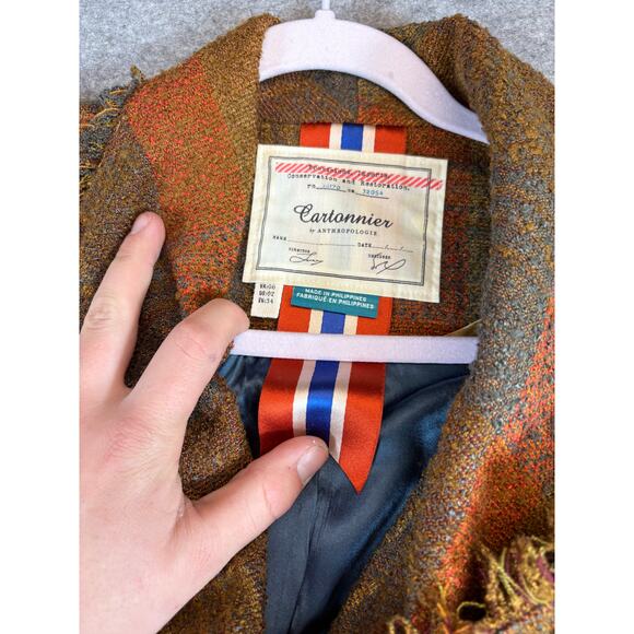 Anthropologie Cartonnier Wrap Blazer Womens Size 2 Brown Plaid Tweed Fringed - Picture 7 of 7